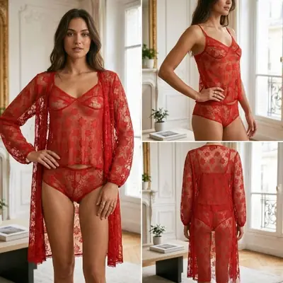 Luxury 3 Pcs Transparent Nighty (Gown Top Shorts)Net Lace Comfortable And Light weight Lingerie Set