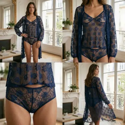 Luxury 3 Pcs Transparent Nighty (Gown Top Shorts)Net Lace Comfortable And Light weight Lingerie Set