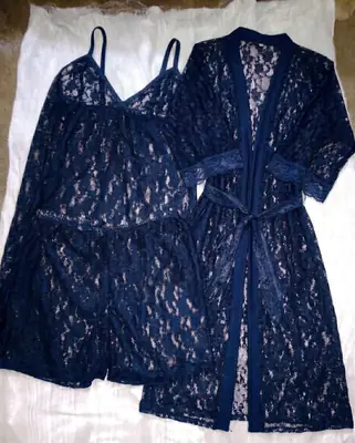 Luxury 3 Pcs Transparent Nighty (Gown Top Shorts)Net Lace Comfortable And Light weight Lingerie Set thumbnail 2