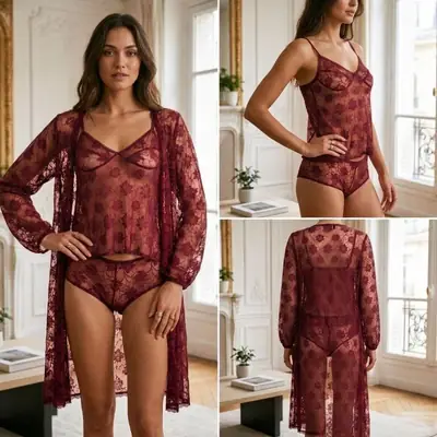 Luxury 3 Pcs Transparent Nighty (Gown Top Shorts)Net Lace Comfortable And Light weight Lingerie Set