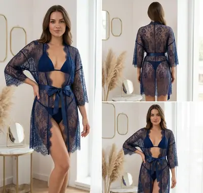 3 Pcs Net Lace Comfortable And Light weight Lingerie Set / Transparent Nighty (Gown Bra Panty)