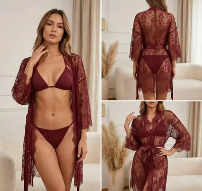 Net Lace Comfortable And Lightweight Lingerie Set / 3 Pcs Nighty (Gown Bra Panty)