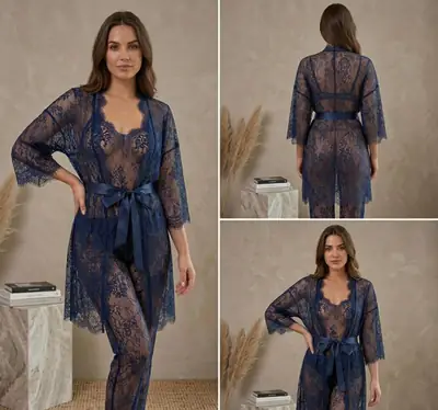 3 Pcs Net Lace Comfortable And Lightweight Lingerie Set / Transparent Nighty (Gown Inner Trouser)