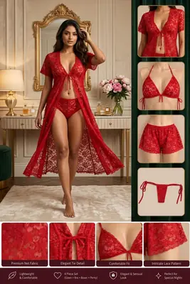 4 Pcs Net Comfortable Lingerie Set / Transparent Nighty 