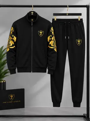 2 Pcs Men's Fleece Printed Zipper Track Suit