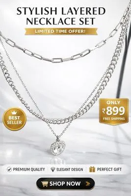 3 Layered Silver Plated Zircon Chain Necklace thumbnail 2