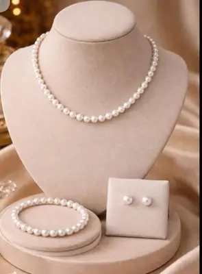 Beaded Silver Plated Pearl Necklace And Bracelet Set