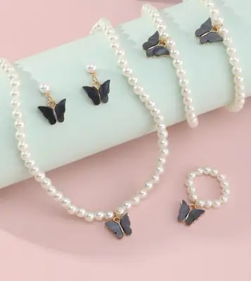 Butterfly Design Acrylic Plated Pearl Necklace Set thumbnail 2