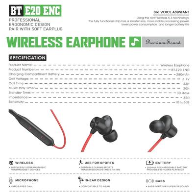 BT-E20 ENC Wireless Bluetooth 5.3 Neckband Music Call Player thumbnail 4