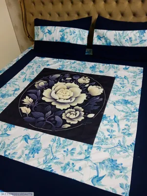 Cotton Patchwork Bedsheet Set Blue Double Bed 3 Pcs thumbnail 1