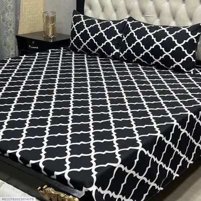 Black Crystal Cotton Printed Double Bedsheet Set 3 Pcs thumbnail 1