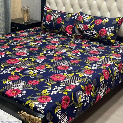 Crystal Cotton Printed Blue Double Bedsheet Set 3 Pcs thumbnail 1