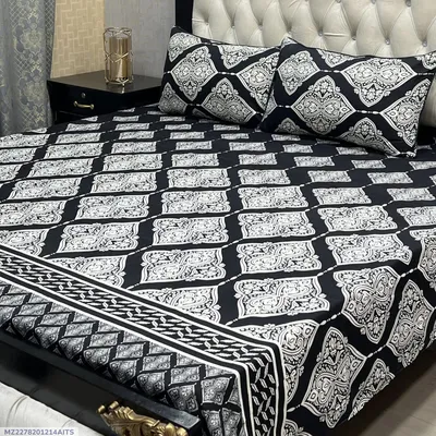 Crystal Cotton Printed Double Bedsheet Black 3 Pcs Set thumbnail 1