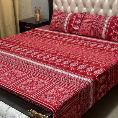Red Crystal Cotton Double Bedsheet Set 3 Pcs thumbnail 1