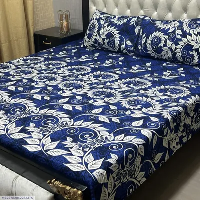 Blue Crystal Cotton Printed Double Bedsheet Set of 3 thumbnail 1