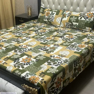 Crystal Cotton Printed Green Double Bedsheet 3 Pcs Set thumbnail 1