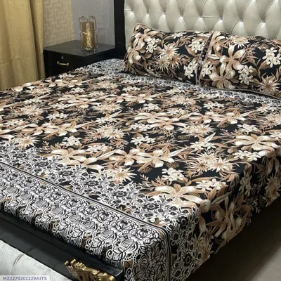 Crystal Cotton Printed Double Bedsheet Black 3 Pcs Set thumbnail 1