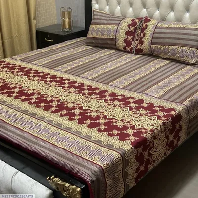 Crystal Cotton Printed Double Bedsheet Set Brown 3 Pcs thumbnail 1