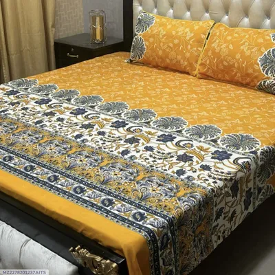 Crystal Cotton Printed Double Bedsheet Yellow 3 Pcs Set thumbnail 1