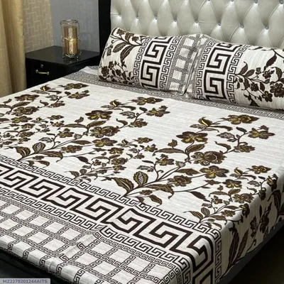 Crystal Cotton Printed Double Bedsheet Set Off White 3 Pcs thumbnail 1