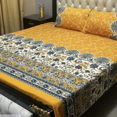 Crystal Cotton Printed Double Bedsheet Yellow 3 Pcs Set thumbnail 1