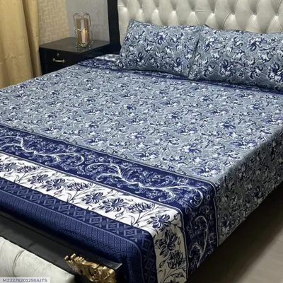 Blue Crystal Cotton Double Bedsheet Set 3 Pcs thumbnail 1