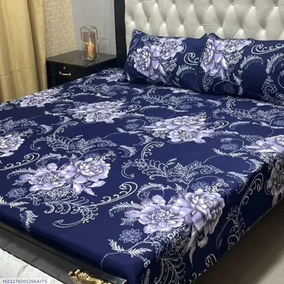 Blue Crystal Cotton Printed Double Bedsheet Set of 3 thumbnail 1