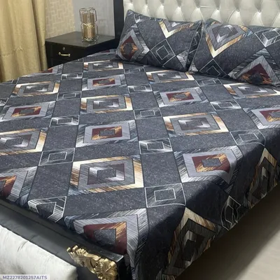 Crystal Cotton Printed Grey Double Bedsheet Set 3 Pcs thumbnail 1