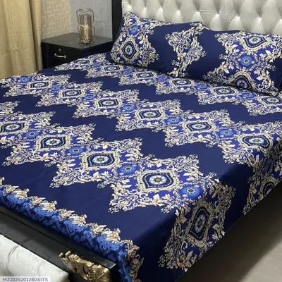 Blue Crystal Cotton Printed Double Bedsheet Set of 3 thumbnail 1