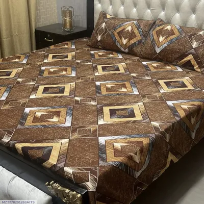 Crystal Cotton Printed Double Bedsheet Brown 3 Pcs Set thumbnail 1