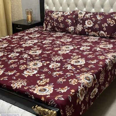 Maroon Floral Crystal Cotton Double Bedsheet Set of 3 thumbnail 1