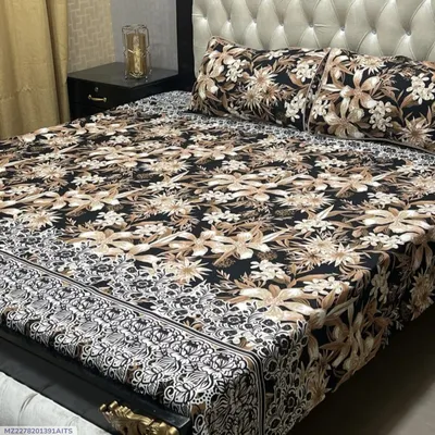 Crystal Cotton Printed Double Bedsheet Black 3 Pcs Set thumbnail 1