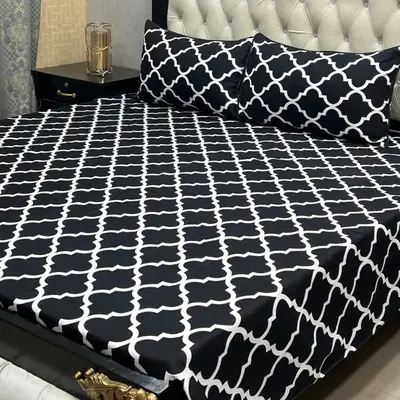 3 Pcs Crystal Cotton Printed Double Bedsheet