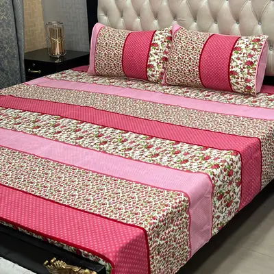 3 Pcs Crystal Cotton Printed Double Bedsheet