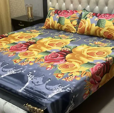 3 Pcs Crystal Cotton Printed Double Bedsheet
