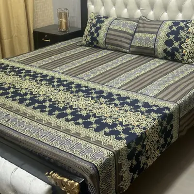 3 Pcs Crystal Cotton Printed Double Bedsheet