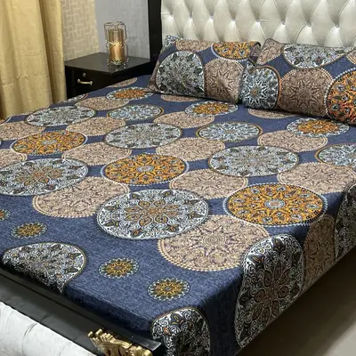 3 Pcs Crystal Cotton Printed Double Bedsheet