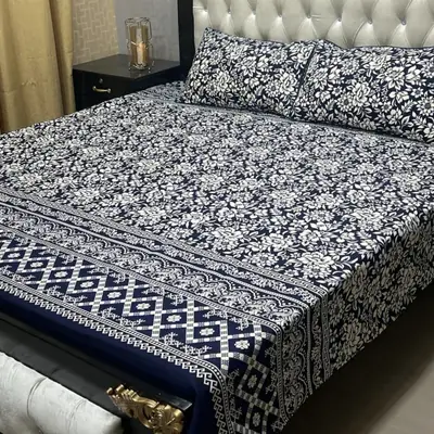 3 Pcs Crystal Cotton Printed Double Bedsheet