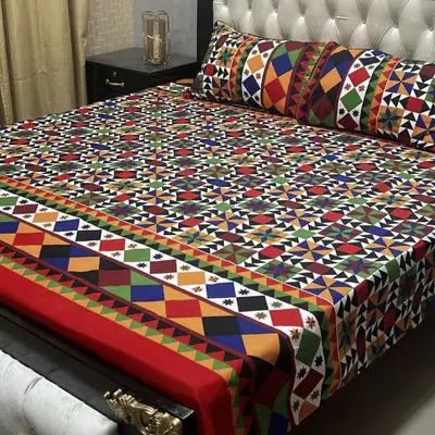 3 Pcs Crystal Cotton Printed Double Bedsheet