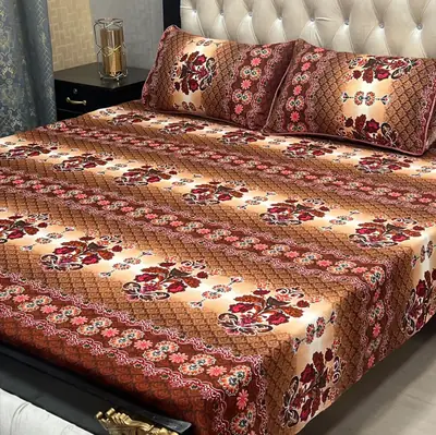 3 Pcs Crystal Cotton Printed Double Bedsheet