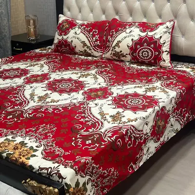 3 Pcs Crystal Cotton Printed Double Bedsheet