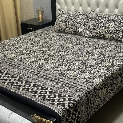 3 Pcs Crystal Cotton Printed Double Bedsheet