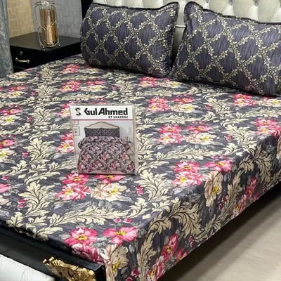 3 Pcs Cotton Salonica Printed Double Bedsheet