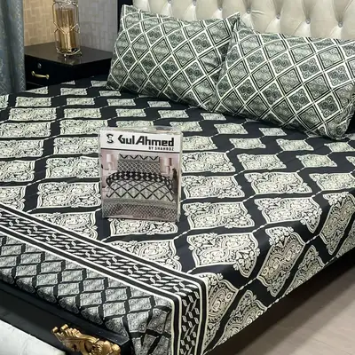 3 Pcs Cotton Salonica Printed Double Bedsheet