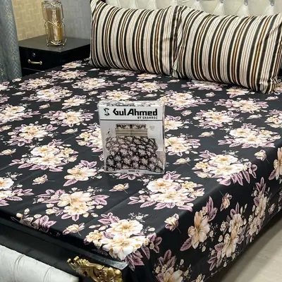 3 Pcs Cotton Salonica Printed Double Bedsheet