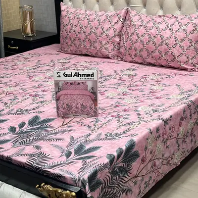 3 Pcs Cotton Salonica Printed Double Bedsheet