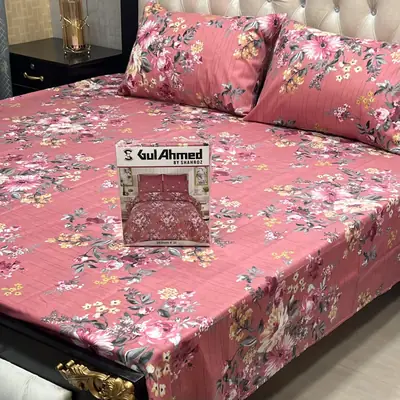 3 Pcs Cotton Salonica Printed Double Bedsheet