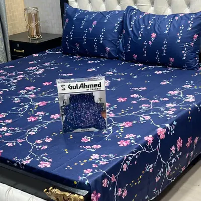 3 Pcs Cotton Salonica Printed Double Bedsheet