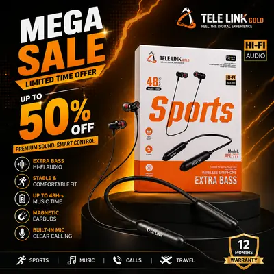 Tele Link Gold Sports Wireless Neckband Earphones AFE-777 | Extra Bass Bluetooth Earphones | 48 Hours Music Time