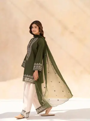 Elegance Embroidered Cotton Suit Set - 3 Pcs   thumbnail 3